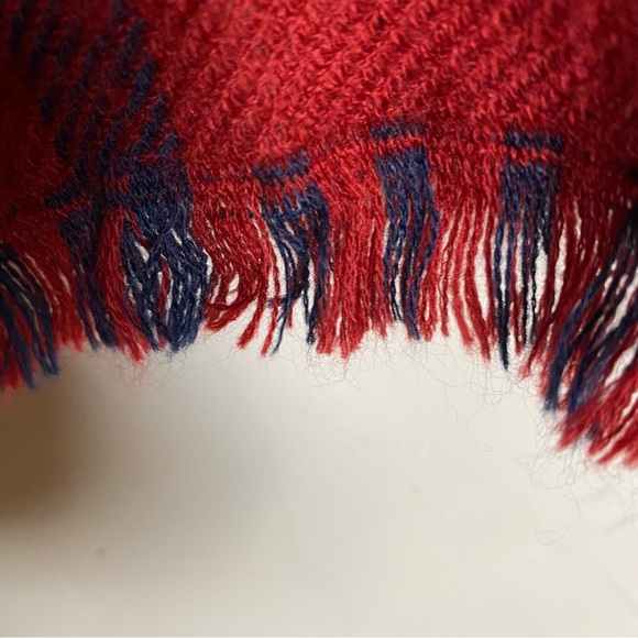 Loft Poncho Womens Sweater Wrap Shrug Soft Warm Fringe Hem Cape Plaid Red Blue - Picture 7 of 10
